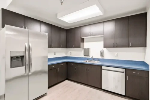 Modern kitchen with dark wood cabinets, blue countertops, and stainless steel appliances, including a fridge and dishwasher. Bright, clean, and minimalist.